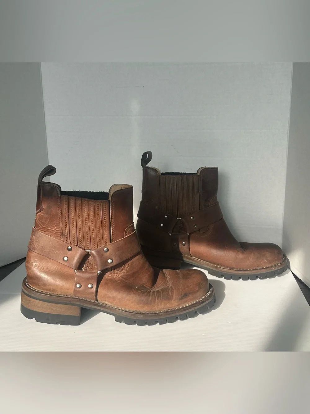 Vintage GBX Dorado Brown Leather Harness Boots Ankle Biker Moto Men's Size 8 D